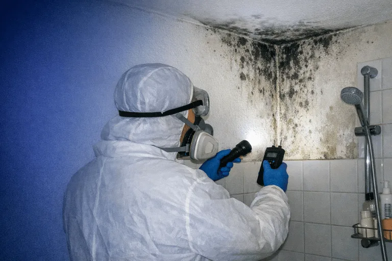 Fachmann von Lenz bei der professionellen Schimmelbekämpfung an einer feuchten Wand.
