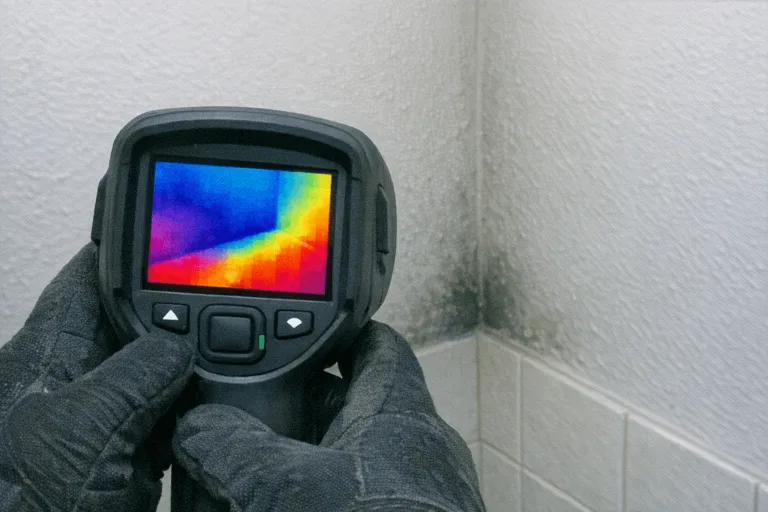 Fachmann dokumentiert Feuchtigkeitswerte mit einem Thermografie-Gerät.